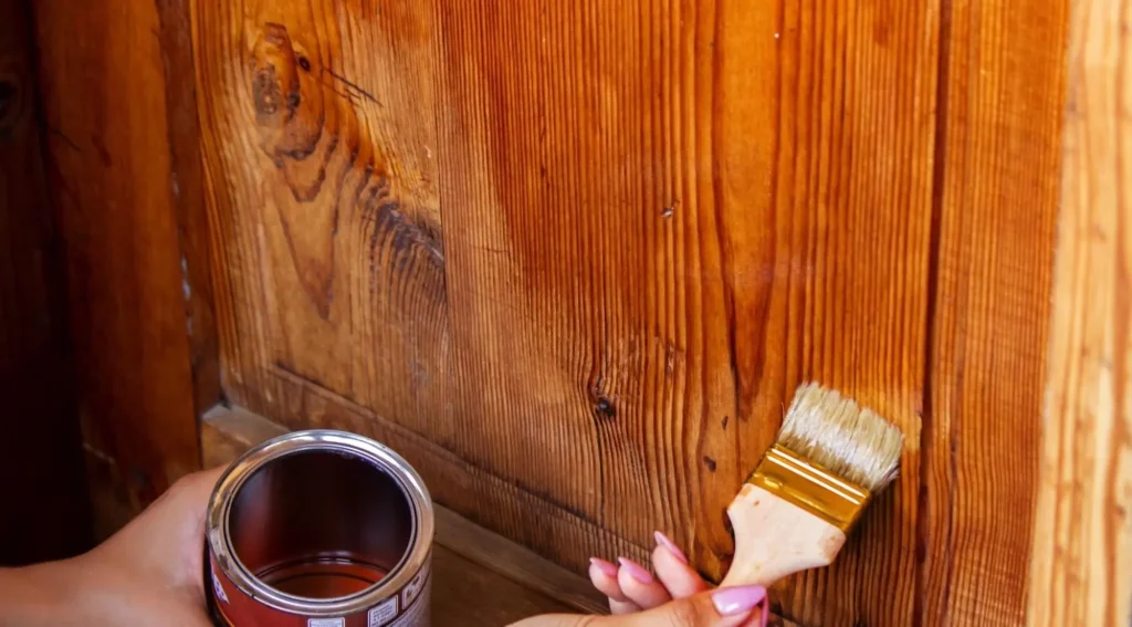 Aplikasi cat kayu aman menggunakan kuas di kamar kos