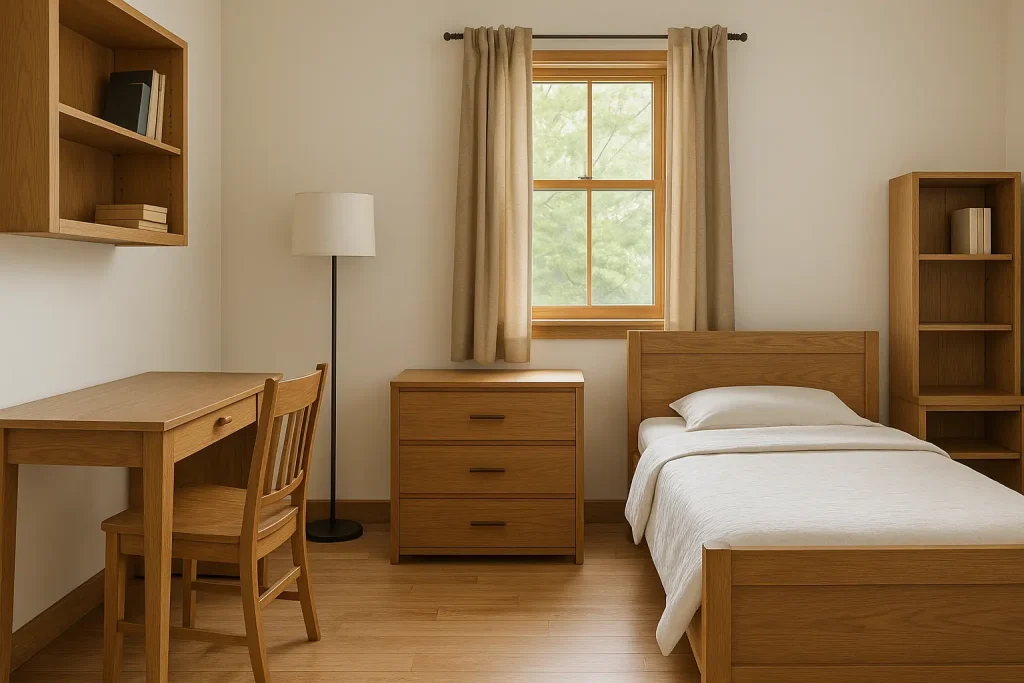 Hasil finishing kayu interior kamar kos yang estetik dan natural